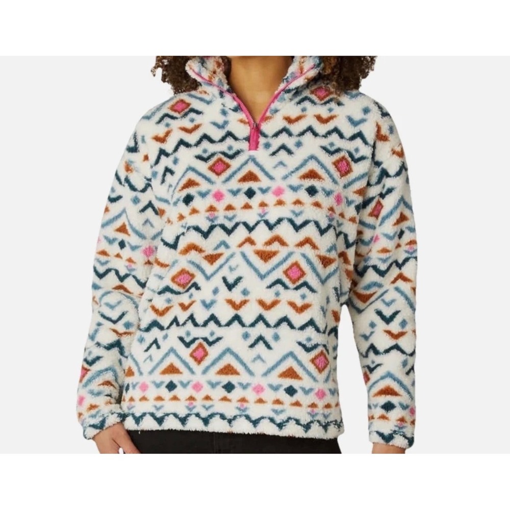 Eddie Bauer Women's Sherpa Fleece Pullover Jacket Aztec Print Pink Zipper XL